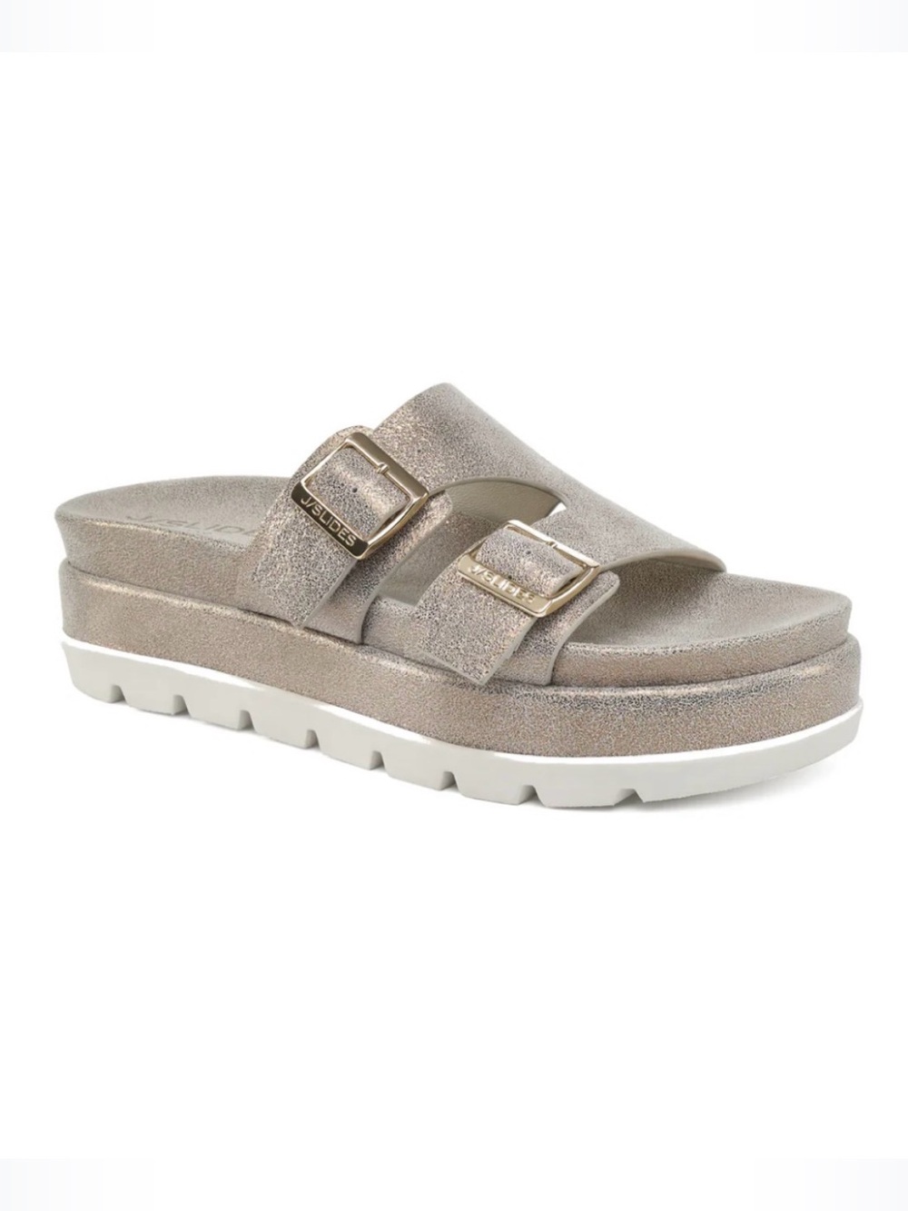 JSlides “Bianca” Bronze Metallic Platform Slide Sandal with Buckles